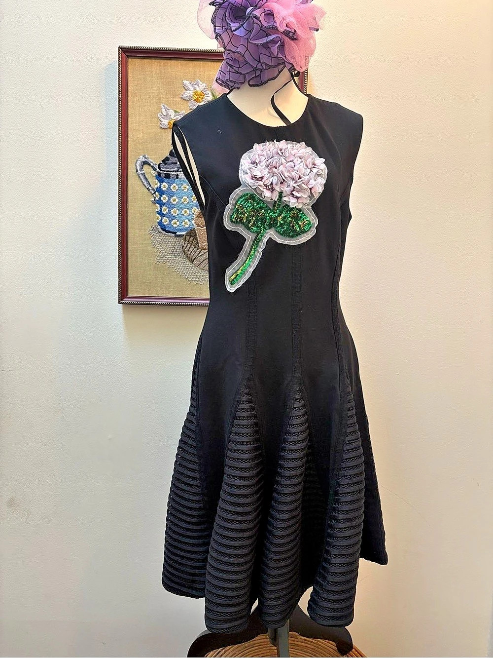 Dolce & Gabbana Black Floral Appliqué Midi Dress Size 44